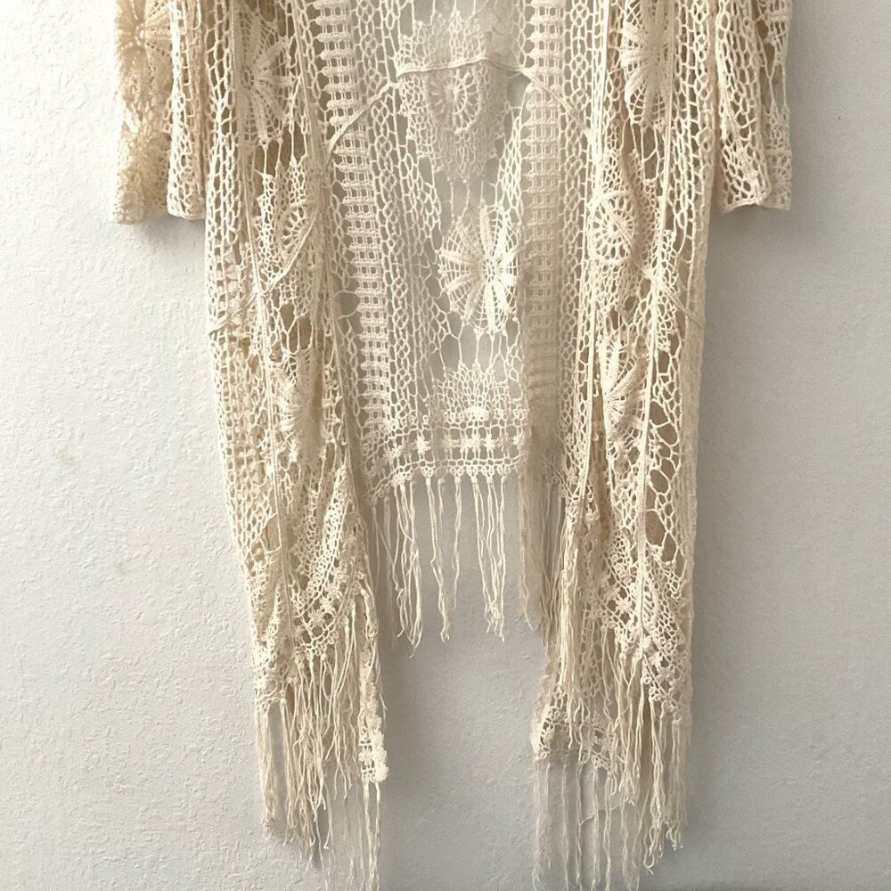 CATO CROCHET FLORAL  LACE FRINGE BOHO OPEN FRONT CARDIGAN - Picture 4 of 16